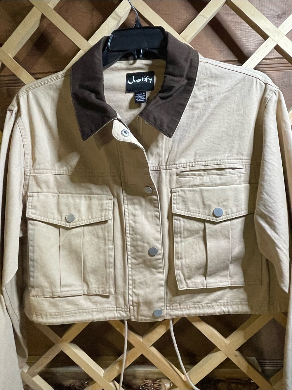 NWT W Sz L Twill Barn Cropped Jacket by Justify Corduroy Trim Collar /Sand /Tan